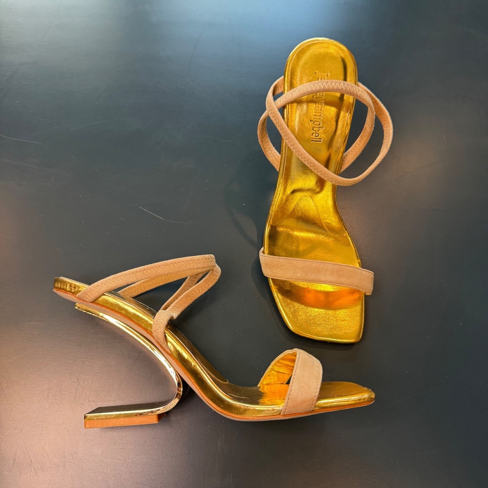 Jeffrey Campbell Women 7 Gold Beige Sculptural Architectural Heel Sandals Chic